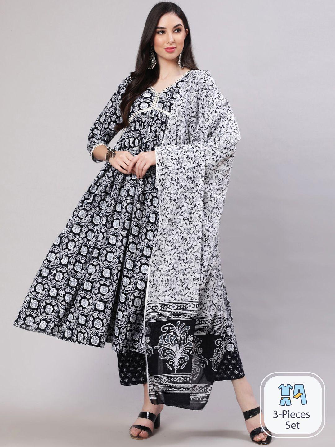 the nks plus ethnic motifs printed empire pure cotton kurta with trousers & dupatta