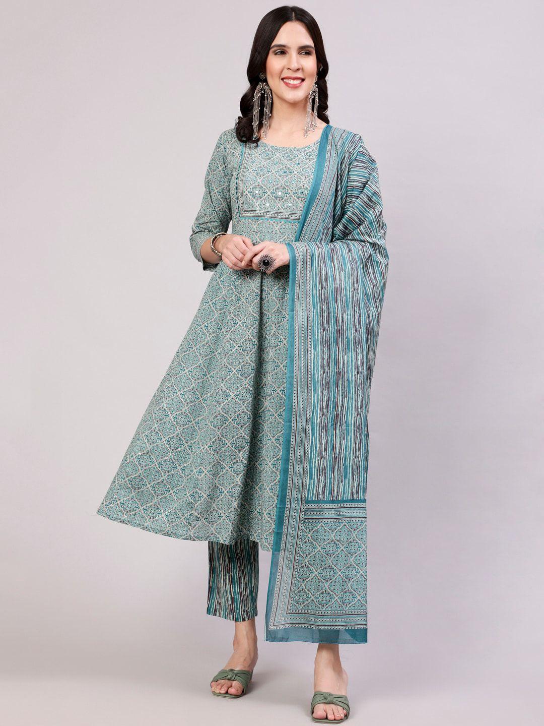 the nks plus ethnic motifs printed mirror work cotton a-line kurta & trousers with dupatta