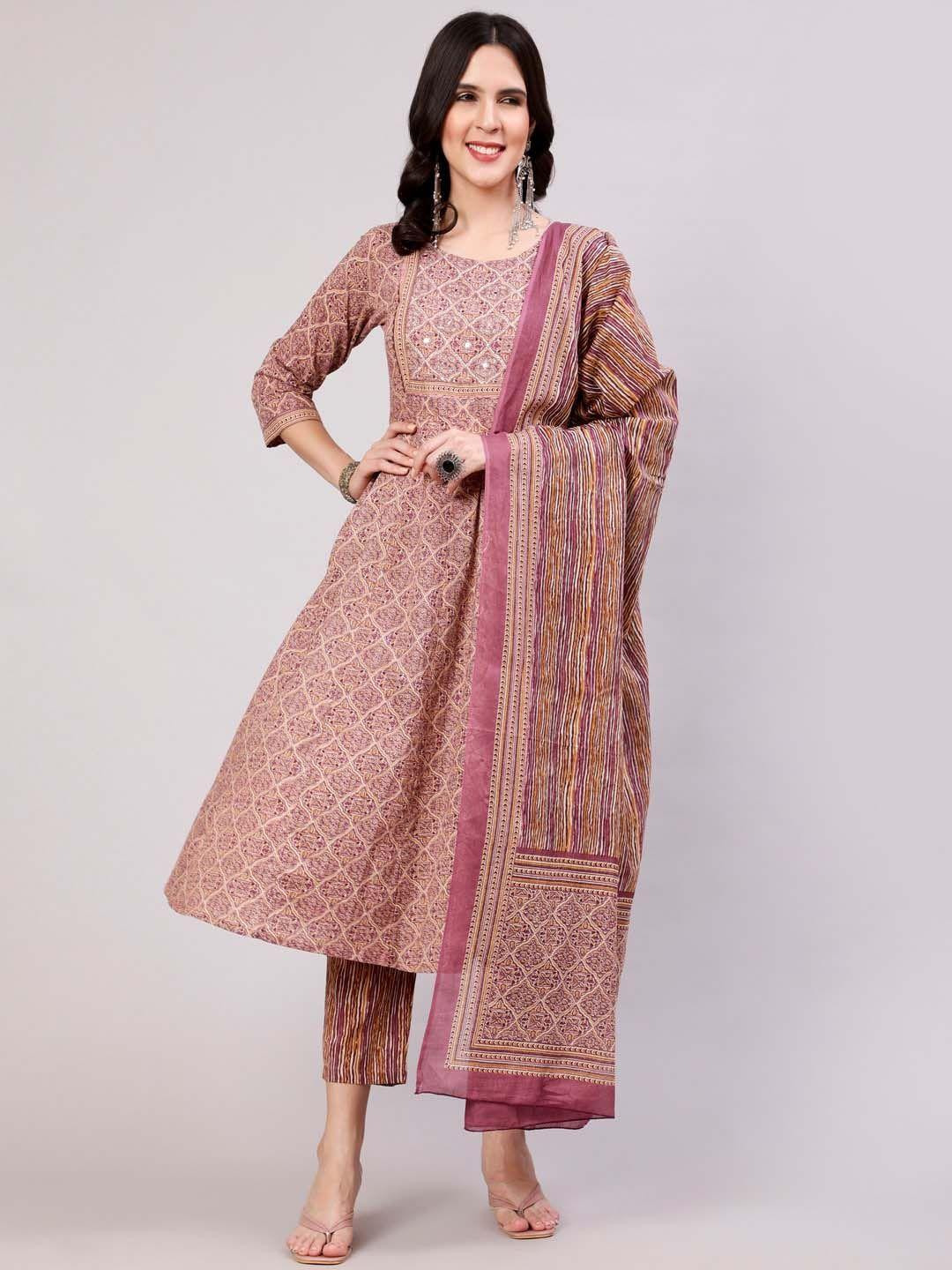 the nks plus ethnic motifs printed pure cotton anarkali kurta & trousers with dupatta