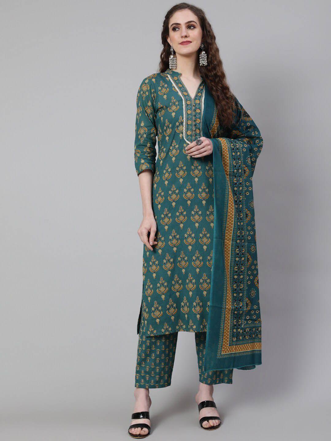 the nks plus ethnic motifs printed regular pure cotton kurta with trousers & dupatta