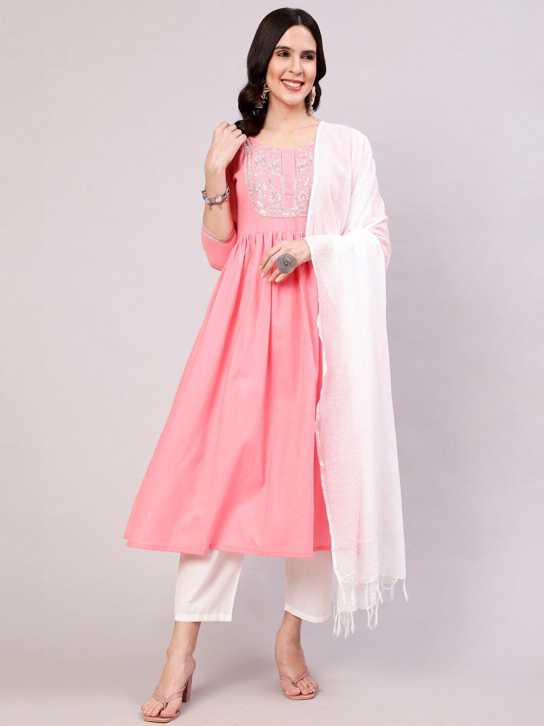 the nks plus ethnic motifs yoke design pure cotton a line kurta with trousers & dupatta