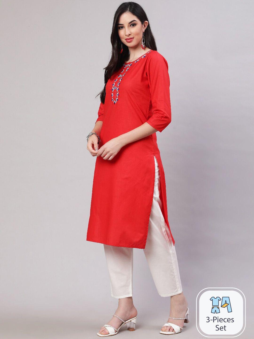 the nks plus ethnic motifs yoke design regular pure cotton kurta with trousers & dupatta