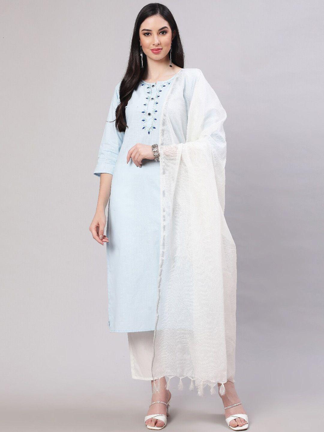 the nks plus ethnic motifs yoke design regular pure cotton kurta with trousers & dupatta