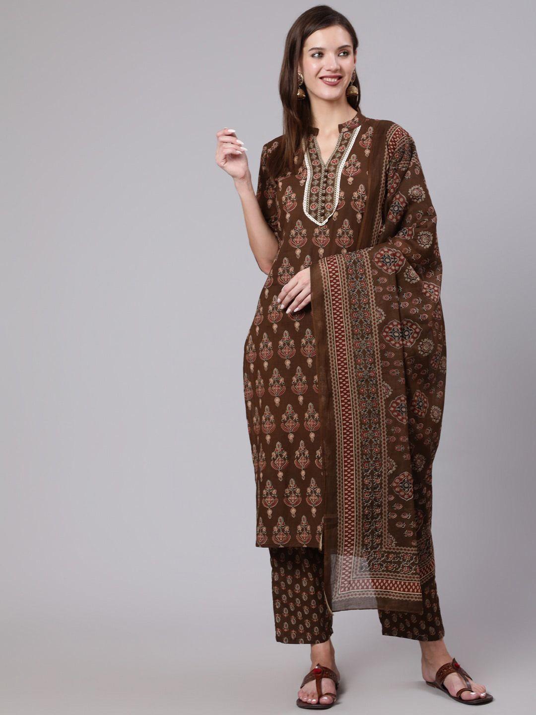 the nks plus floral printed mandarin collar pure cotton kurta with trousers & dupatta