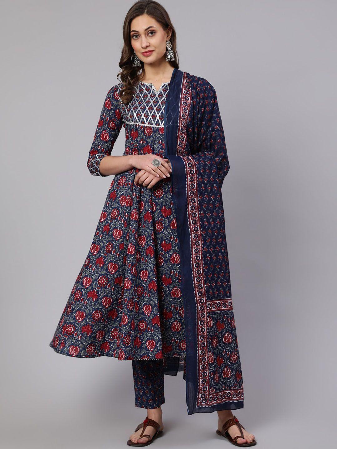 the nks plus floral printed pure cotton kurta with trousers & dupatta