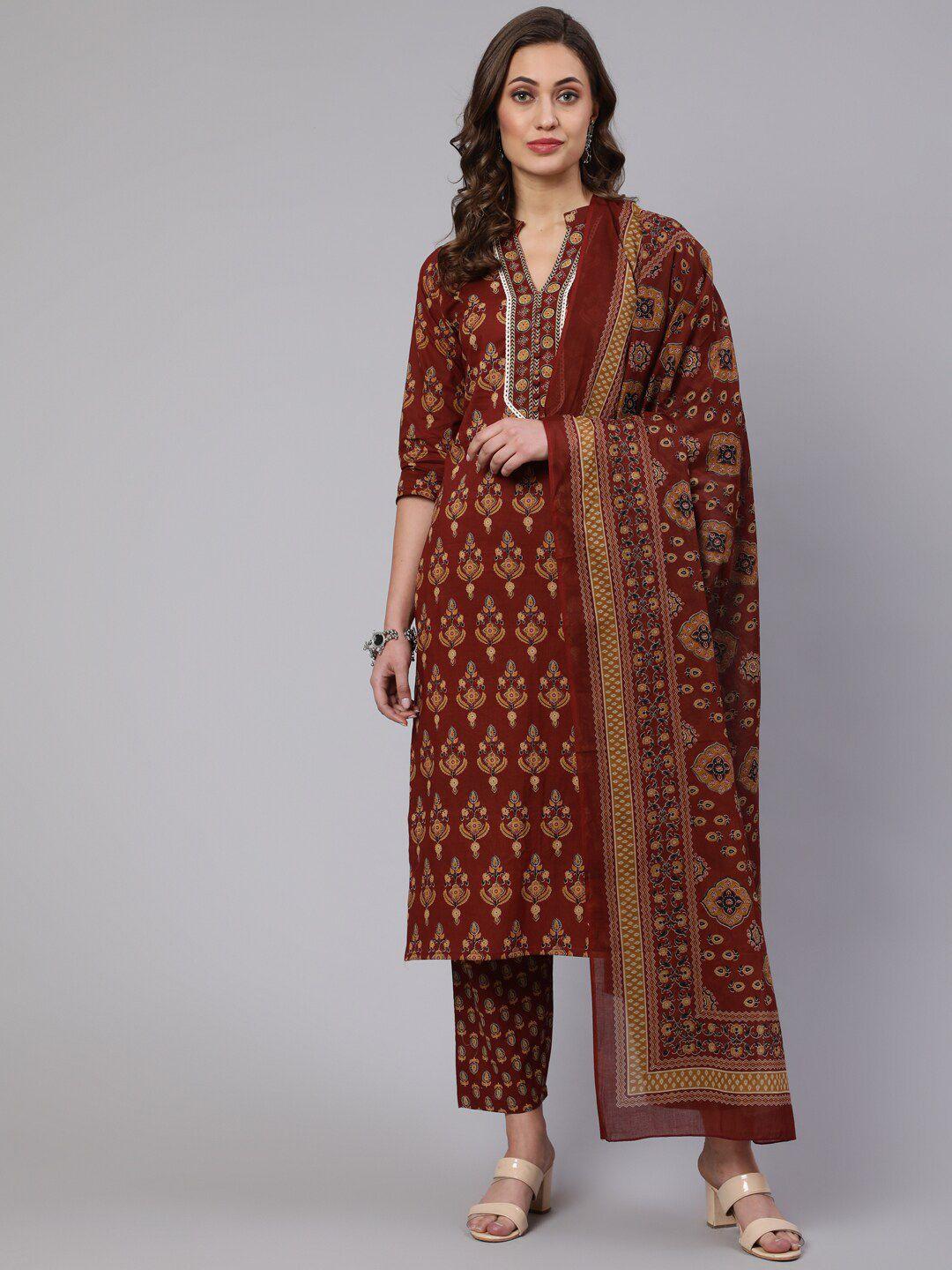 the nks plus floral printed pure cotton kurta with trousers & with dupatta