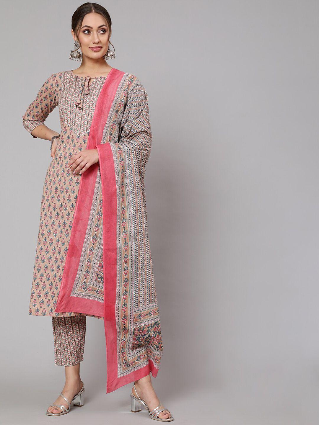 the nks plus women beige striped panelled pure cotton kurta with trousers & with dupatta