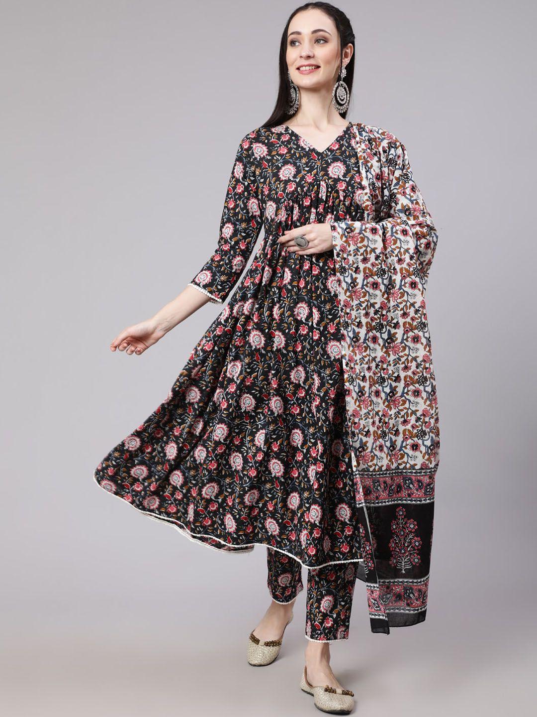the nks plus women black floral printed empire pure cotton kurta with trousers & dupatta