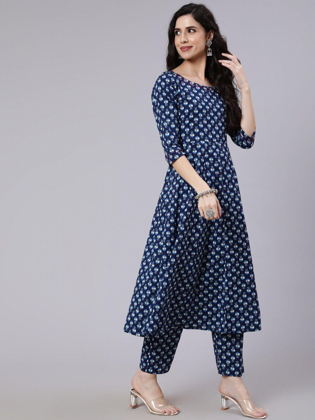 the nks plus women blue ethnic motifs printed pure cotton kurta with trousers & with dupatta