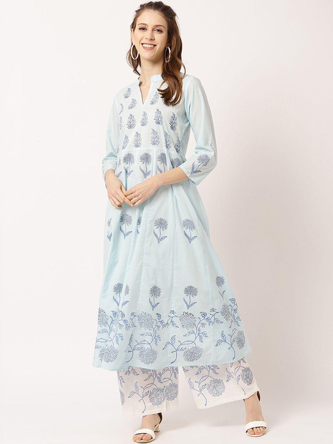 the nks plus women blue floral printed pure cotton kurta with palazzos