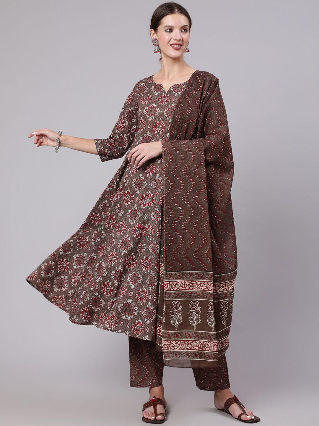 the nks plus women ethnic motifs printed pleated pure cotton kurta with trousers & dupatta