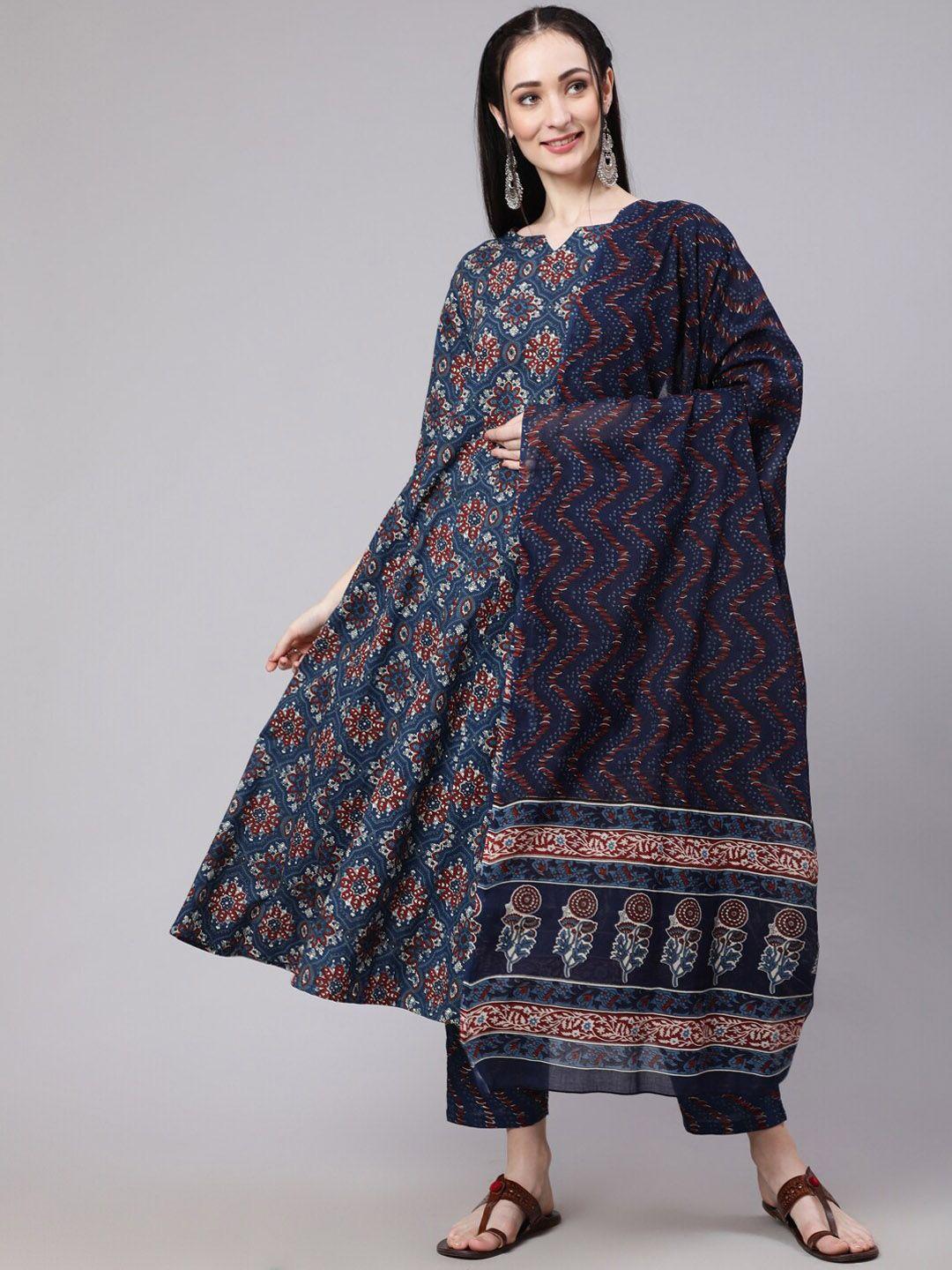 the nks plus women ethnic motifs printed pleated pure cotton kurta with trousers & dupatta