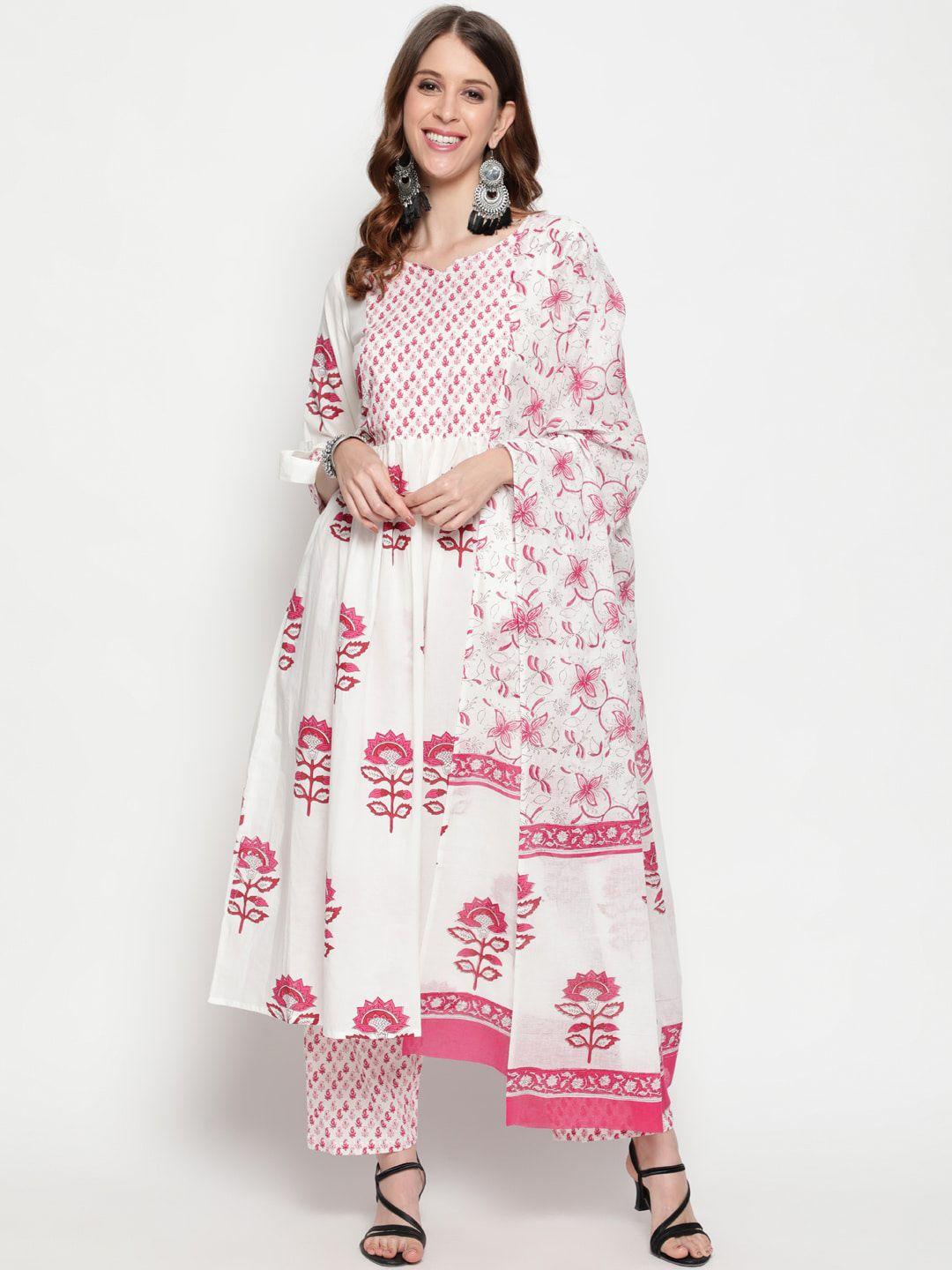 the nks plus women floral printed notch neck pure cotton kurta with trousers & dupatta