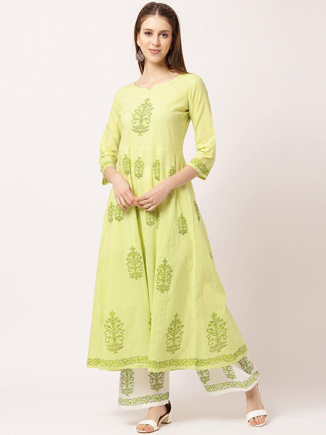 the nks plus women green ethnic motifs printed pure cotton anarkali kurta with trousers