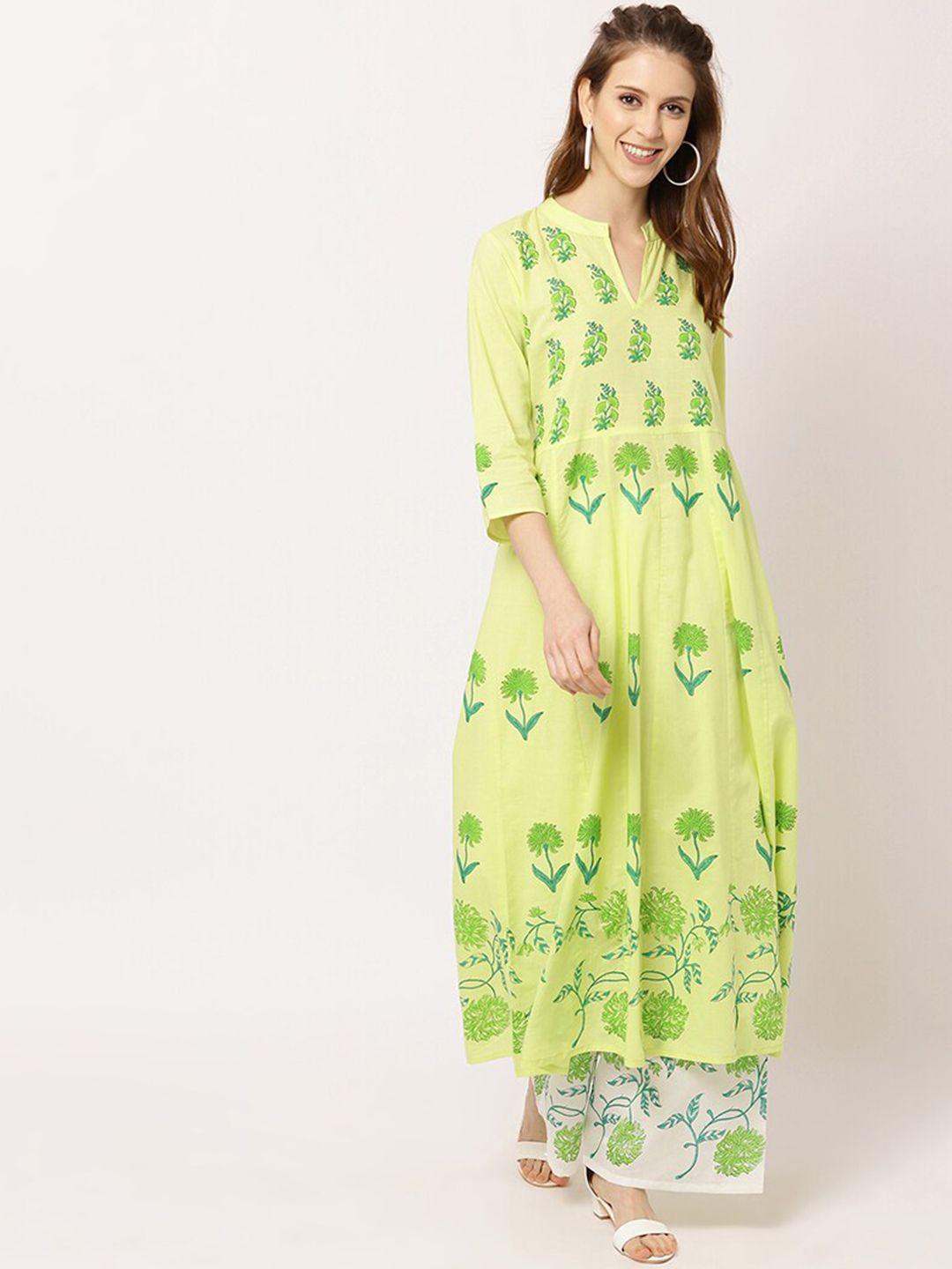 the nks plus women green floral printed pure cotton kurta with trouser set