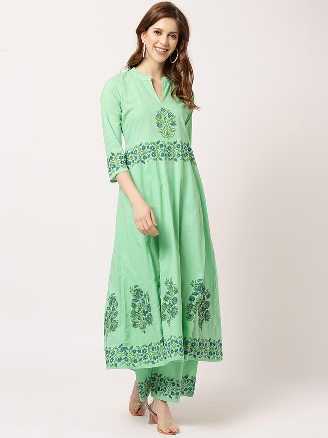 the nks plus women green printed pure cotton kurta with trousers