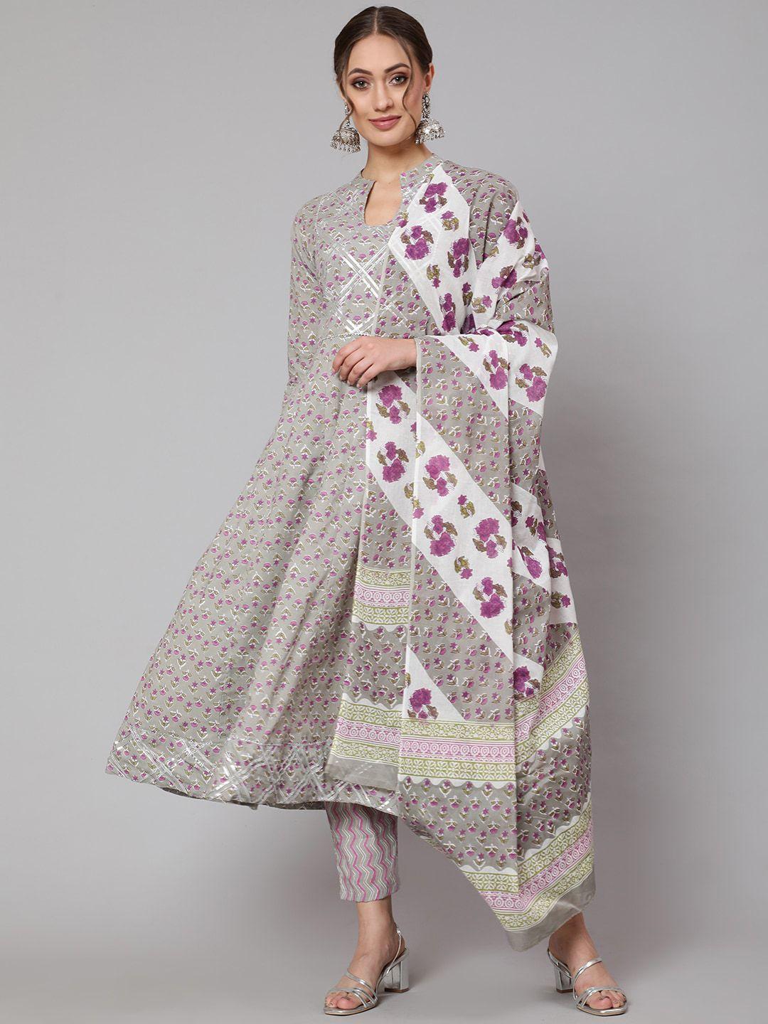 the nks plus women grey floral embroidered empire pure cotton kurti with trousers & with dupatta