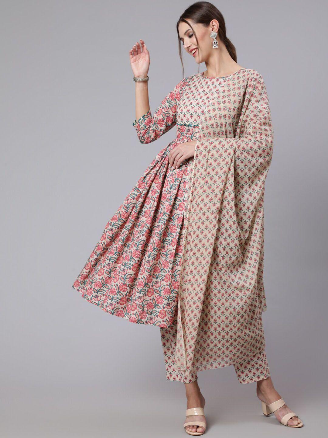 the nks plus women multicoloured floral printed pure cotton kurta with trousers & dupatta