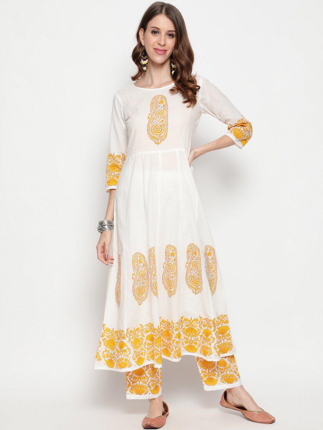 the nks plus women mustard yellow paisley printed panelled pure cotton kurta with trousers