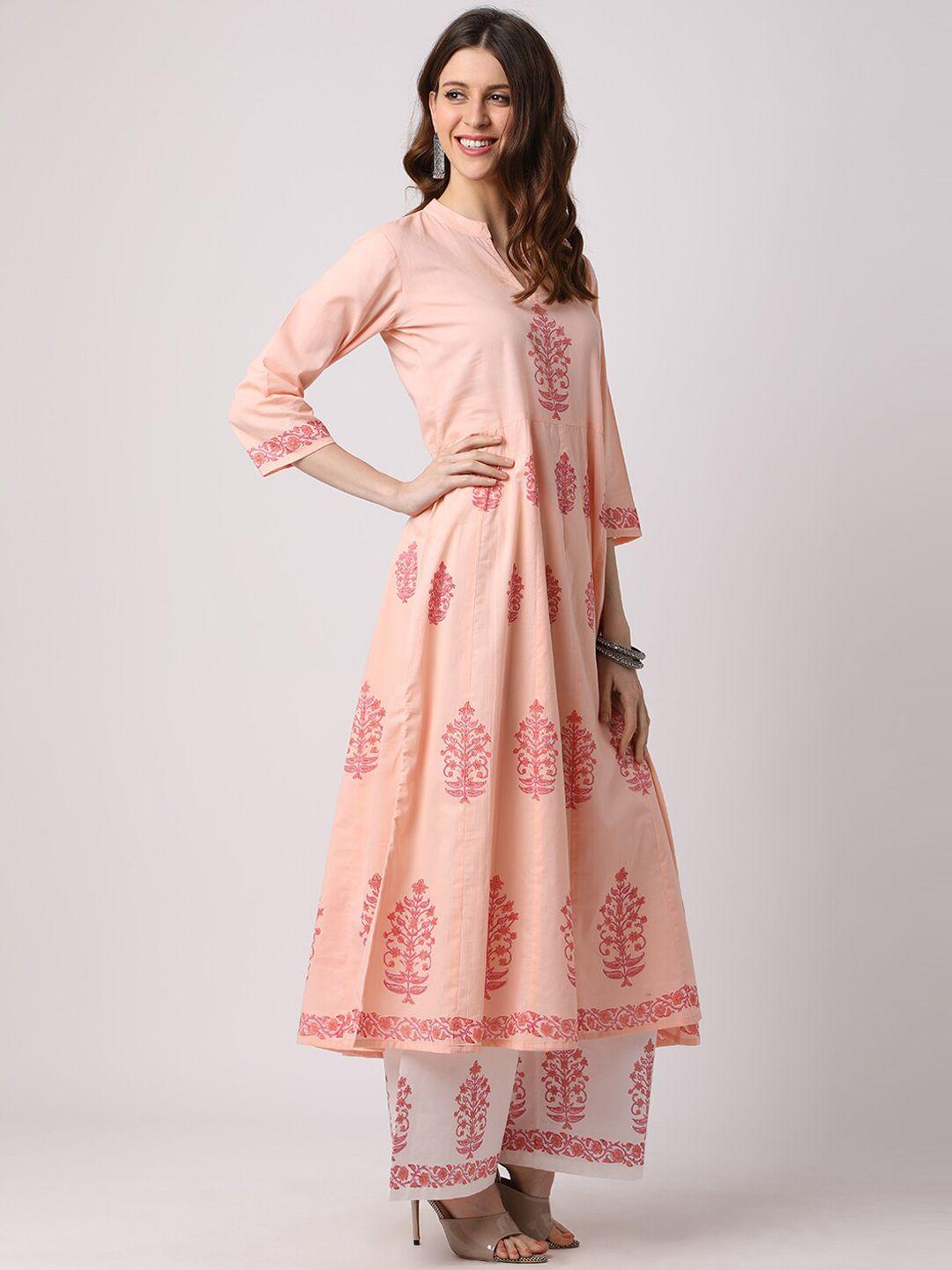 the nks plus women peach-coloured floral printed pure cotton kurta with palazzos