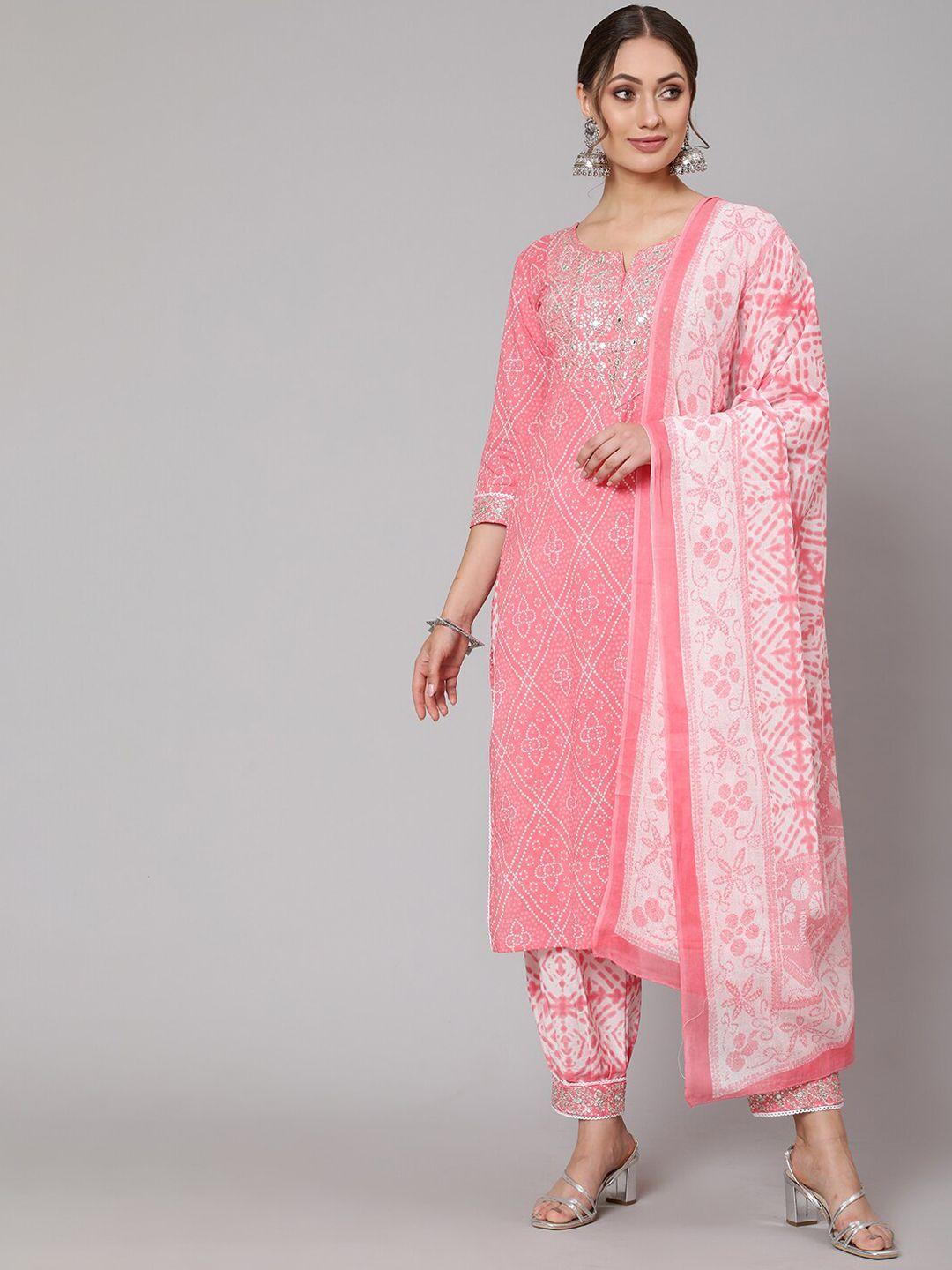 the nks plus women pink ethnic motifs printed layered pure cotton kurta with salwar & with dupatta