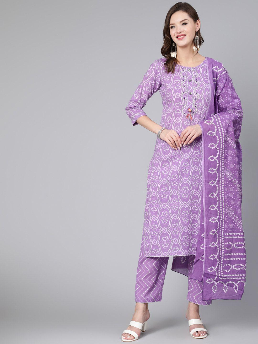 the nks plus women purple printed pure cotton kurta with trousers & with dupatta
