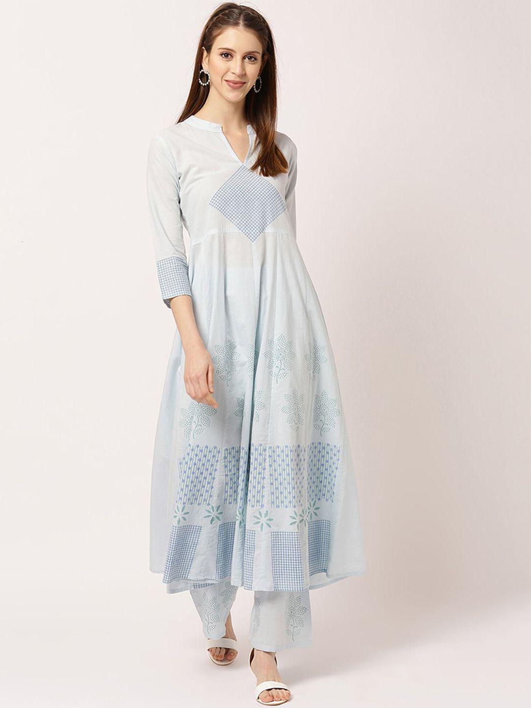 the nks plus women white ethnic motifs printed panelled pure cotton kurta with palazzos