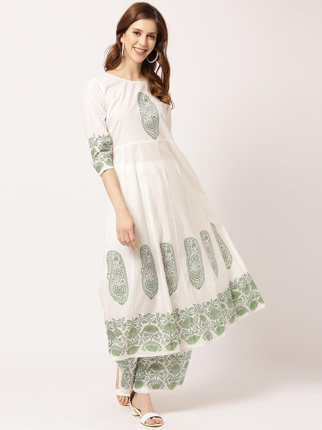 the nks plus women white floral printed high slit pure cotton kurta with palazzos