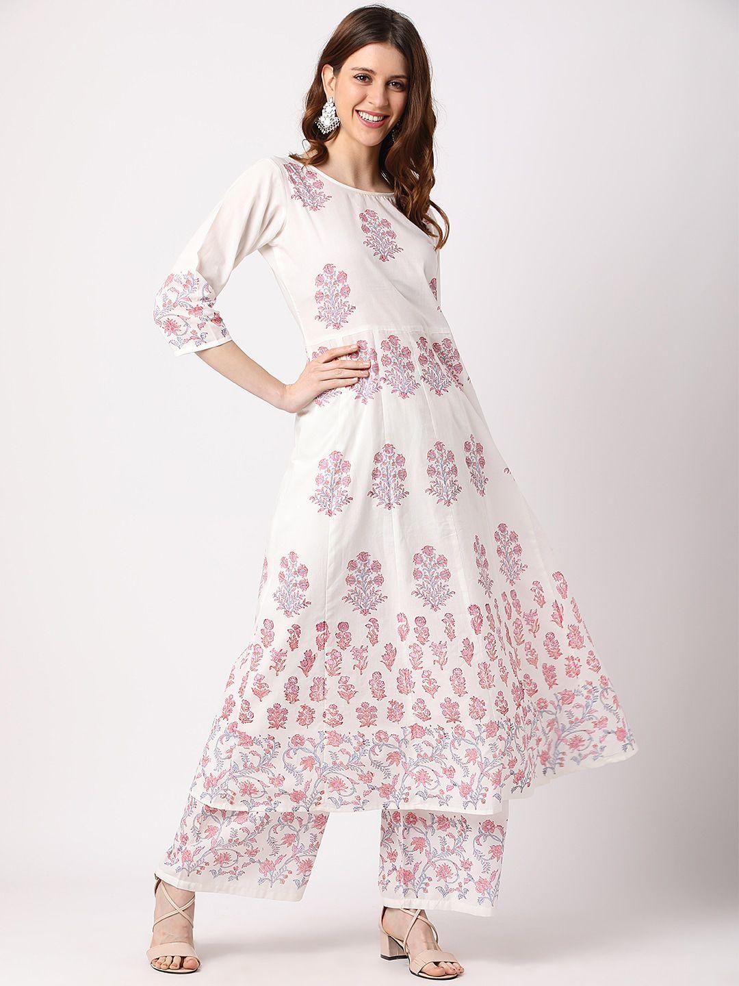 the nks plus women white floral printed pure cotton anarkali kurta with palazzos