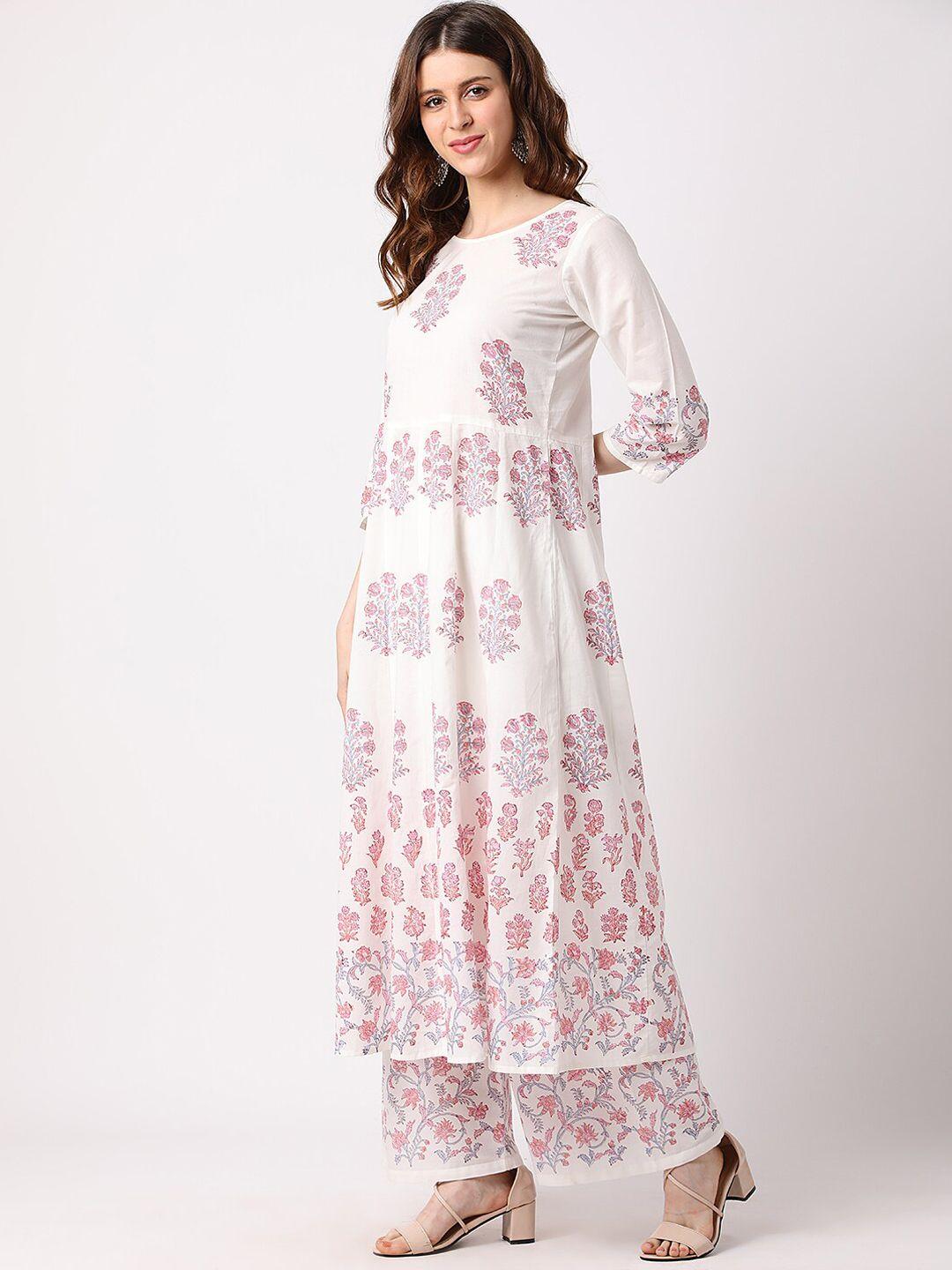 the nks plus women white floral printed pure cotton kurta with palazzos