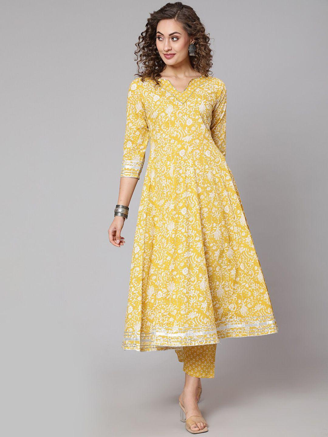 the nks plus women yellow floral printed pleated sequinned pure cotton kurta with trousers
