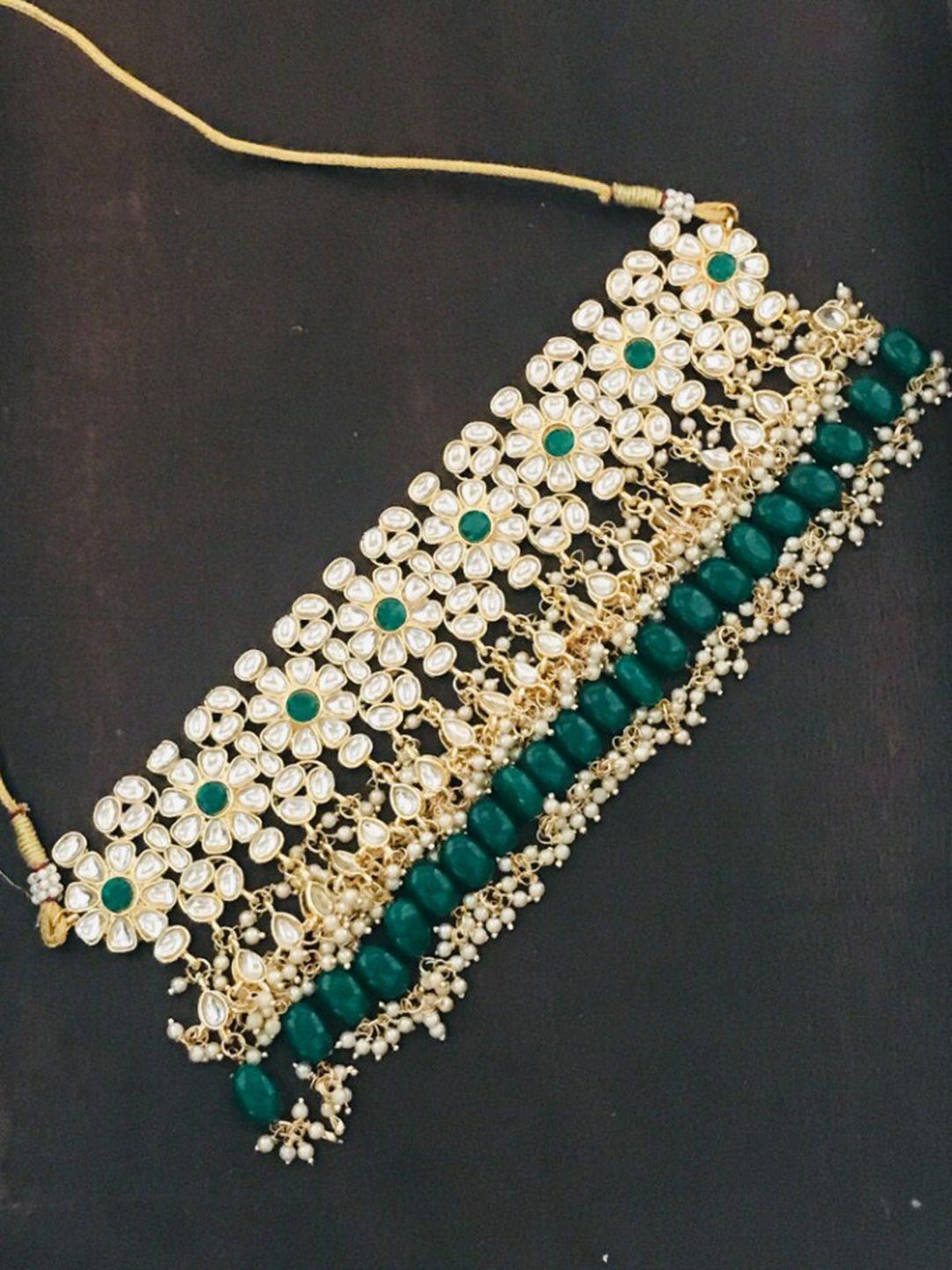 the opal factory gold-plated green & white stone studded & beaded jadau jewellery set