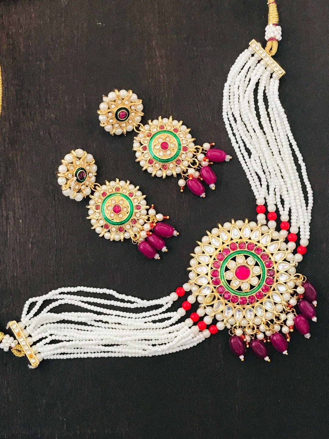 the opal factory gold-plated red & white stone studded & beaded jadau jewellery set