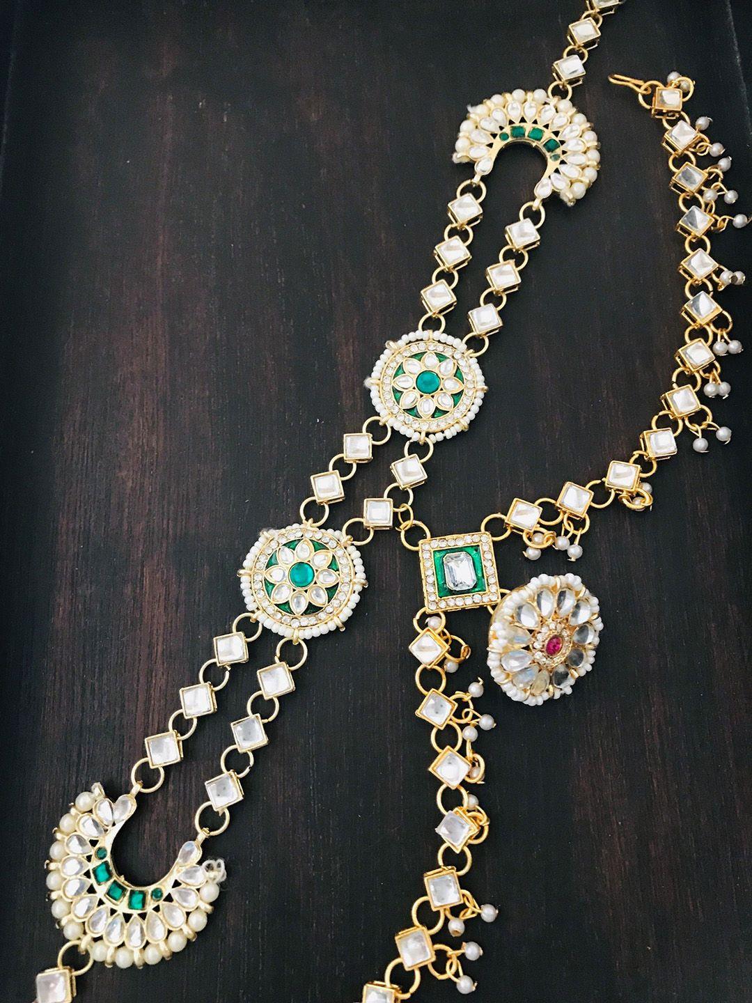 the opal factory gold-plated white & green studded bridal sheeshphool