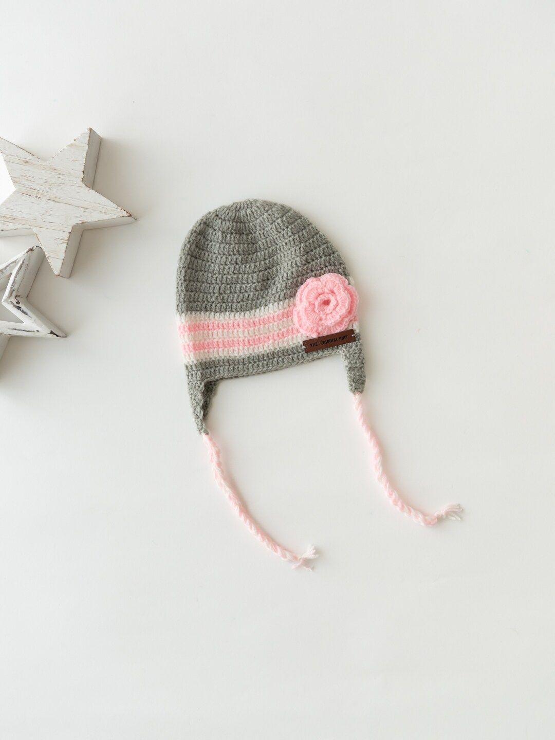 the original knit girls grey & pink self design acrylic beanie cap