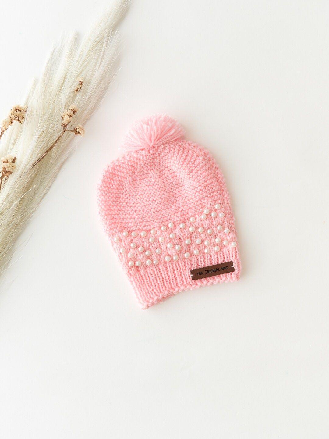 the original knit girls pink & cream-coloured pearls embellished acrylic beanie cap