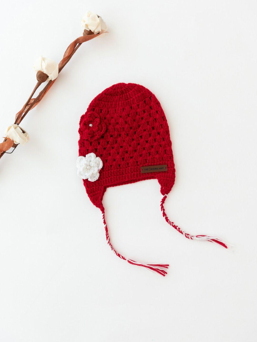 the original knit girls red flower embellished acrylic beanie cap