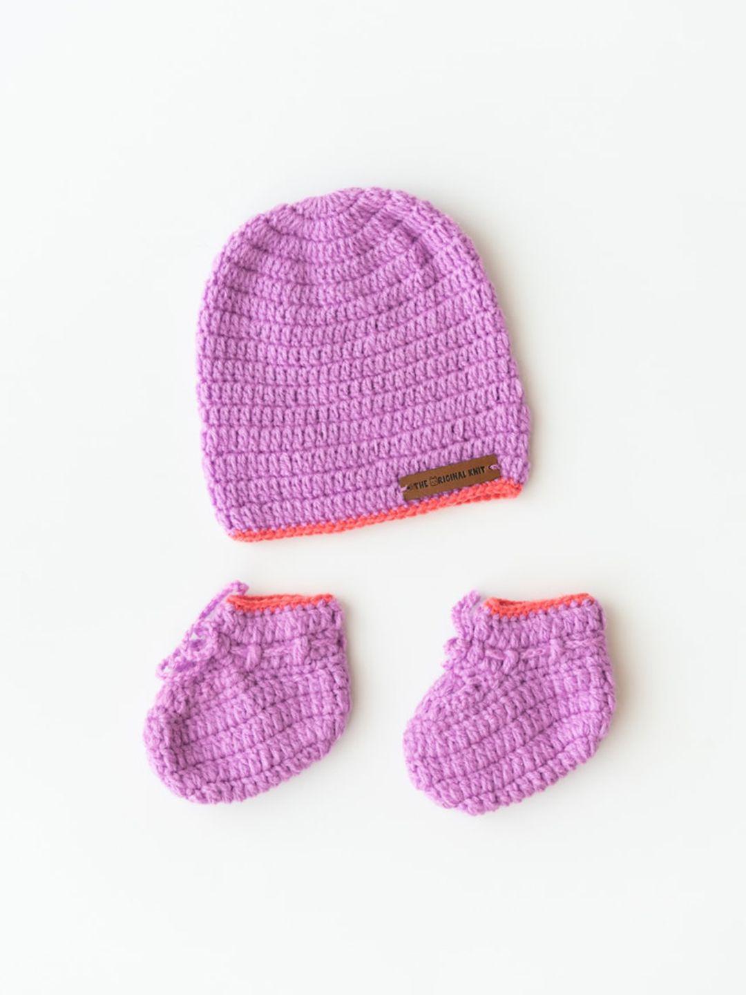 the original knit infant girls purple & peach acrylic handmade beanie cap & booties