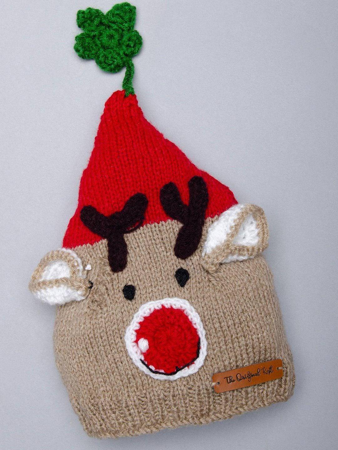 the original knit kids red & beige self design reindeer acrylic beanie cap