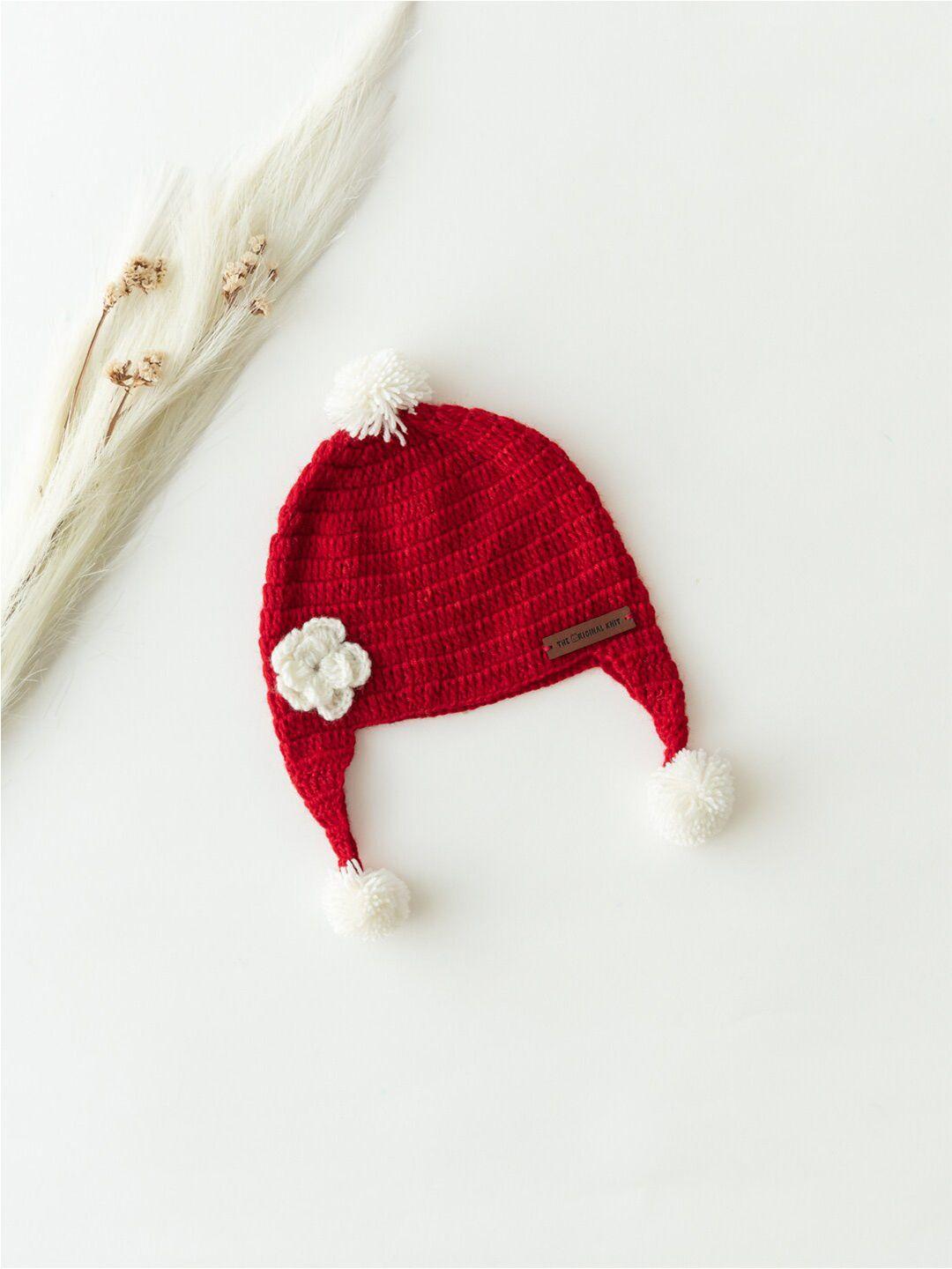 the original knit kids red & white flower self design acrylic beanie cap