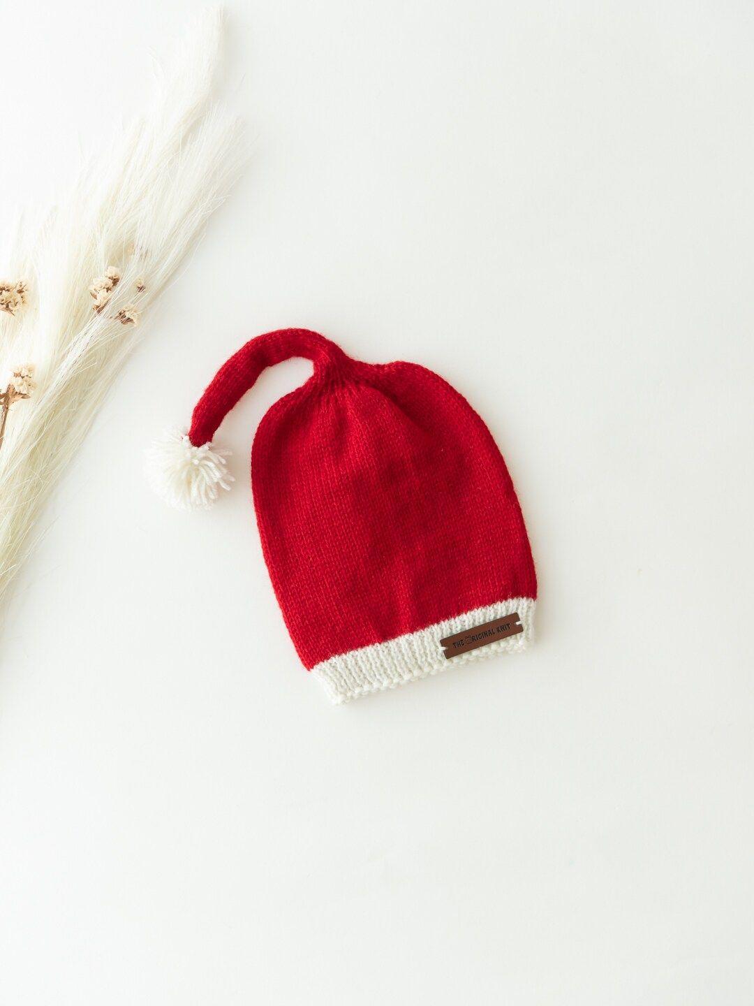 the original knit kids red & white self design acrylic pom pom beanie cap