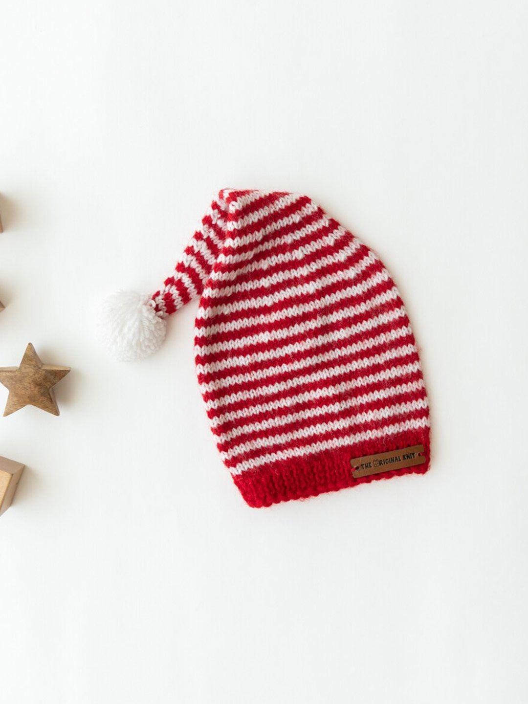 the original knit kids red & white striped self design acrylic beanie cap