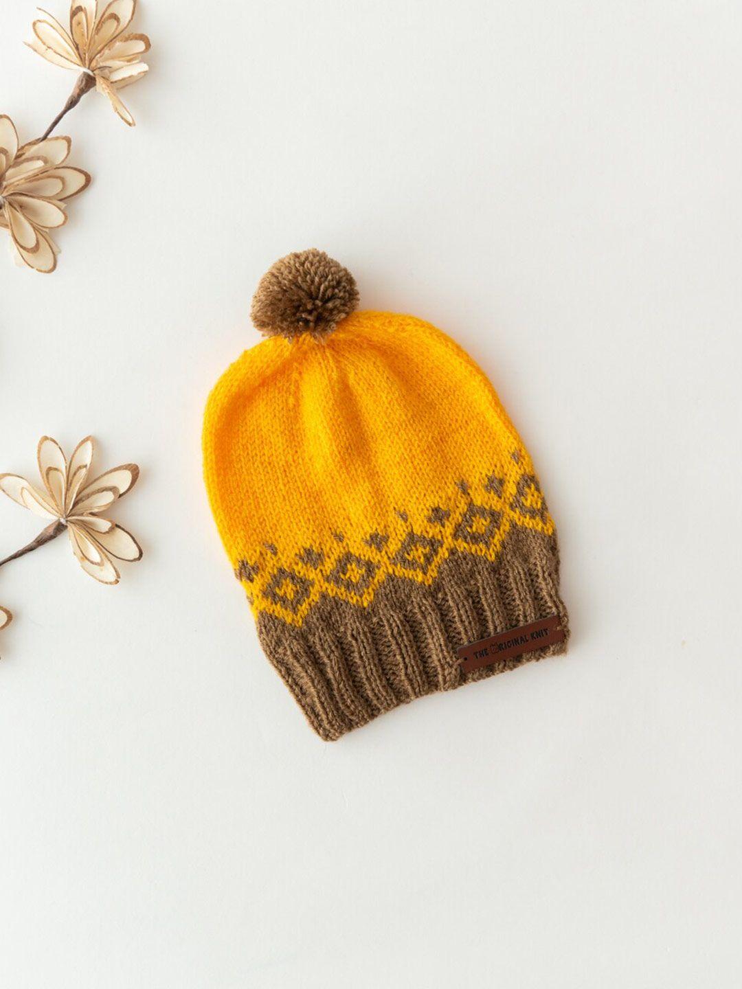 the original knit kids yellow & brown colourblocked acrylic beanie cap