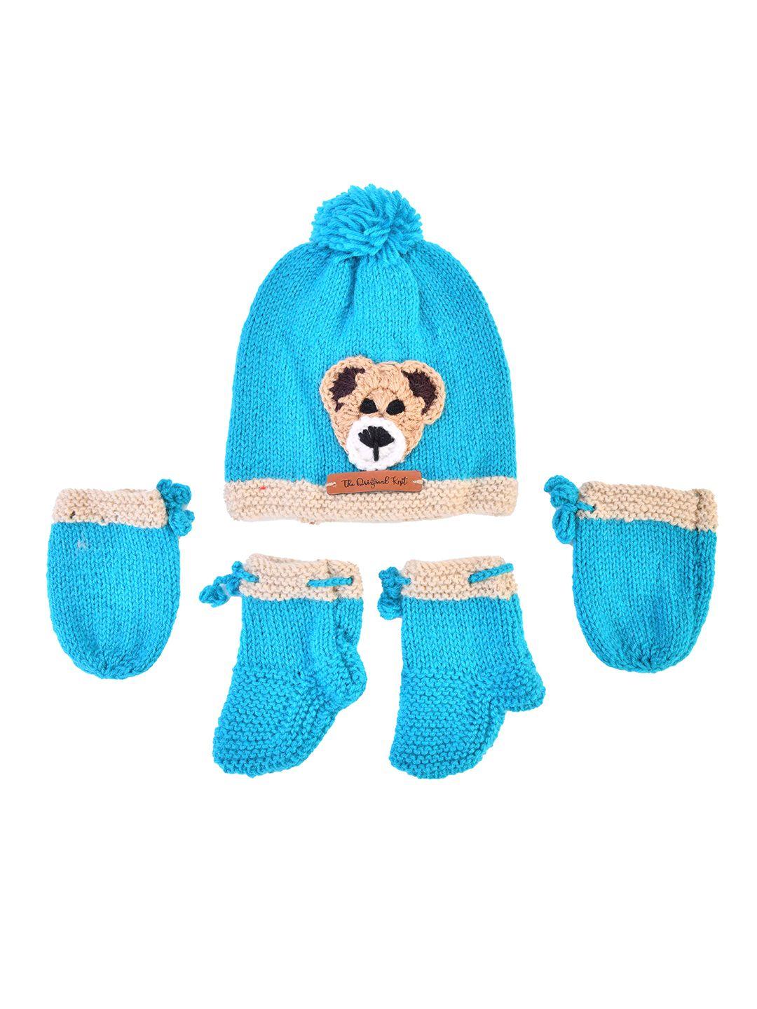 the original knit unisex kids blue & brown handmade acrylic beanie booties & mittens