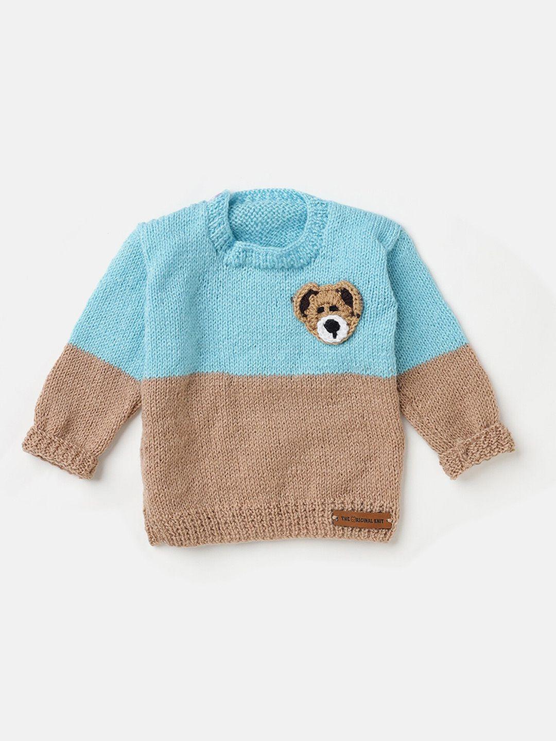 the original knit unisex kids blue & khaki colourblocked pullover with embroidered detail