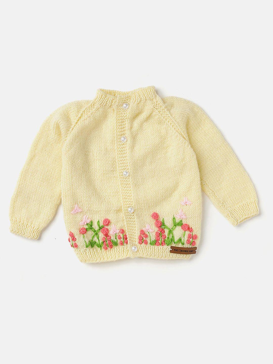 the original knit unisex kids cream-coloured & green embroidered cardigan with embroidered detail