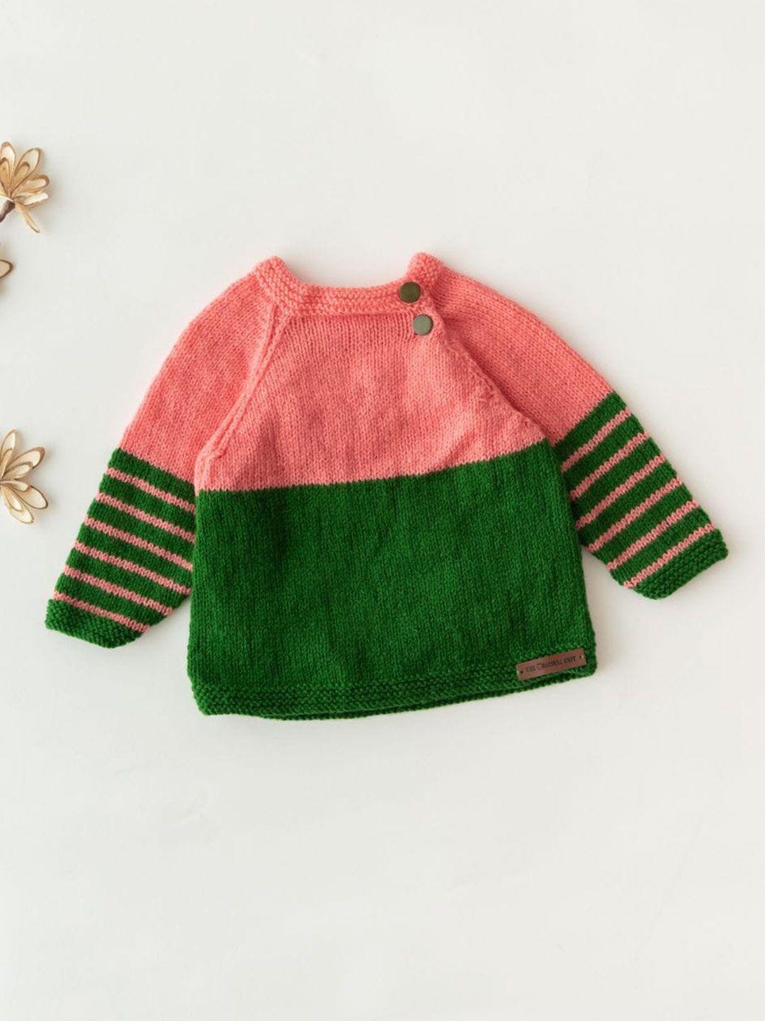 the original knit unisex kids pink & green colourblocked pullover