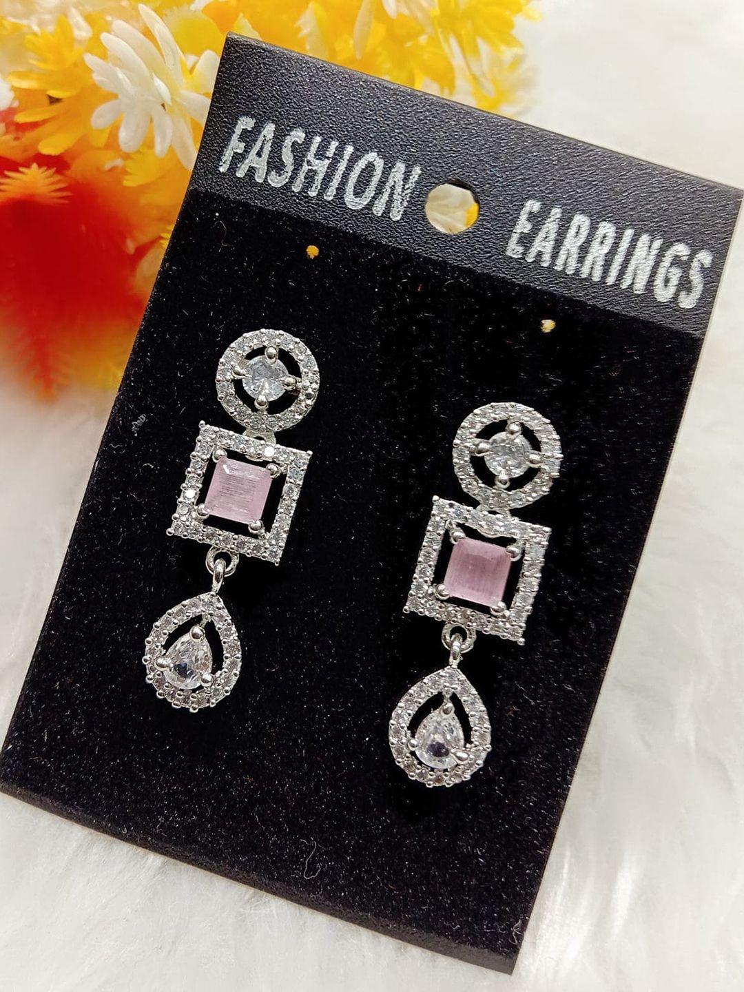 the pari pink rhodium-plated contemporary drop earrings