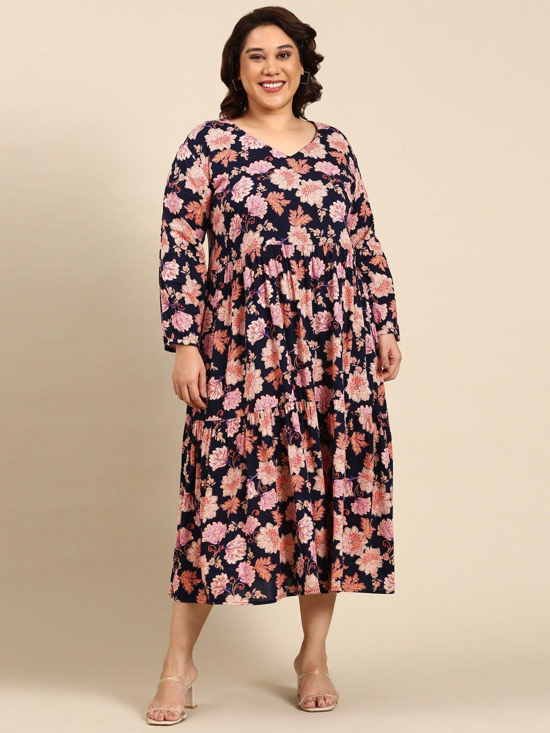 the pink moon floral printed v-neck plus size a-line midi dress