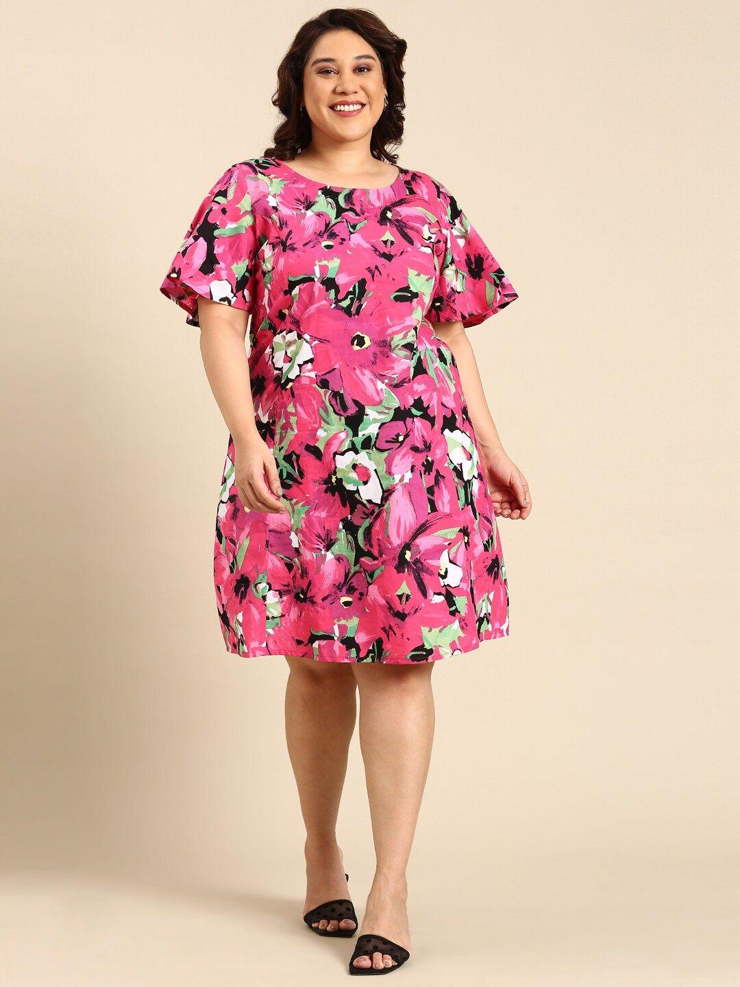 the pink moon pink plus size floral printed cotton a-line dress